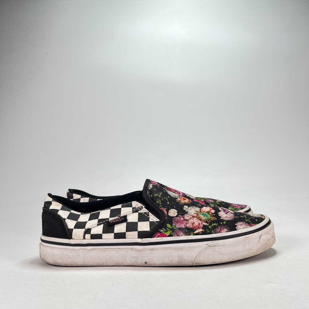 Vans Asher Black Floral Checkerboard Slip On Skate Shoes 500714 Women's Size 8